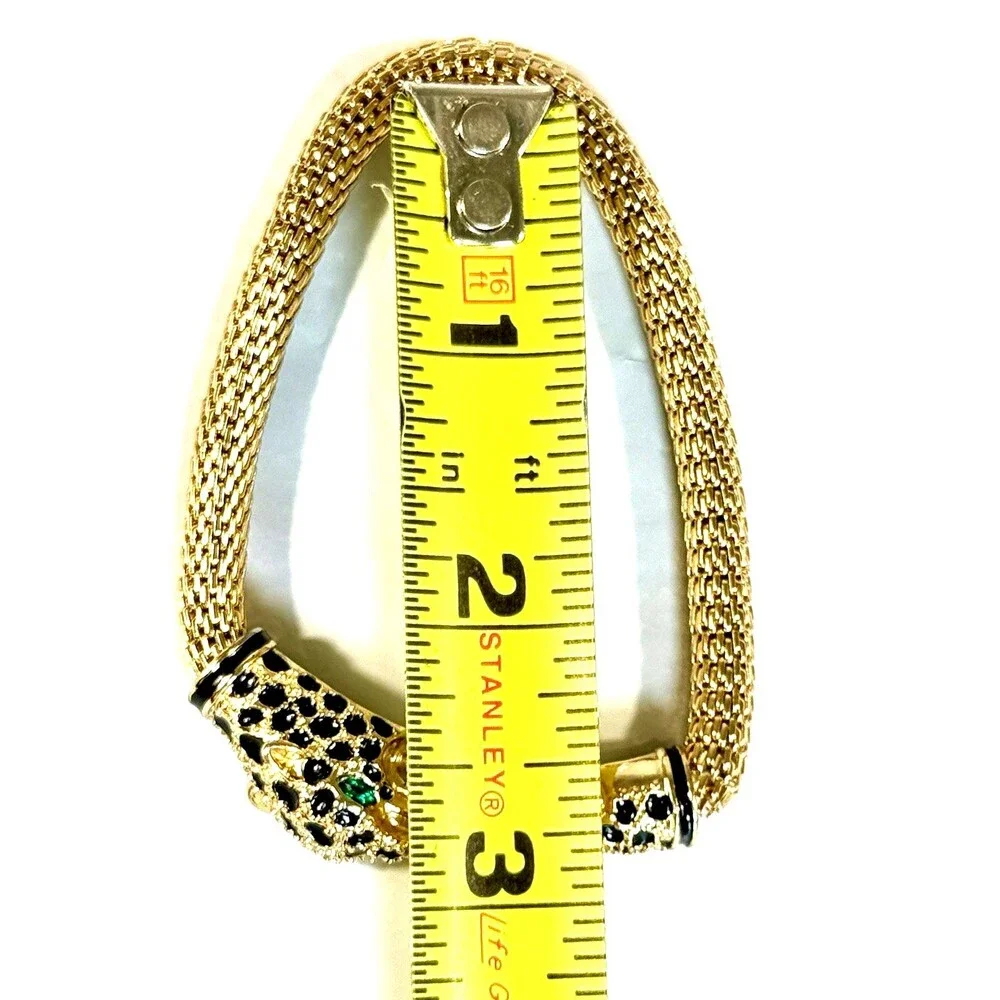 Vintage Double Leopard Panther Mesh Bracelet Green Eyes Gold Tone Statement